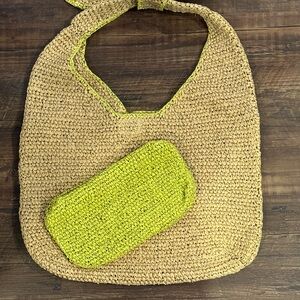 Woven Tan Tote with bright lime green  Pouch